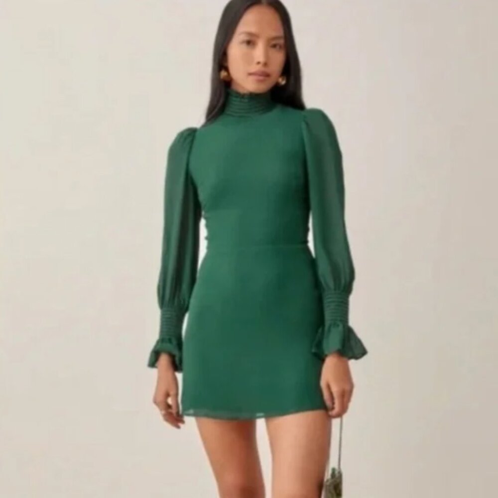 Reformation Archie Shirred Long Sleeve Mini Dress Emerald Green Size 0 - Picture 2 of 7